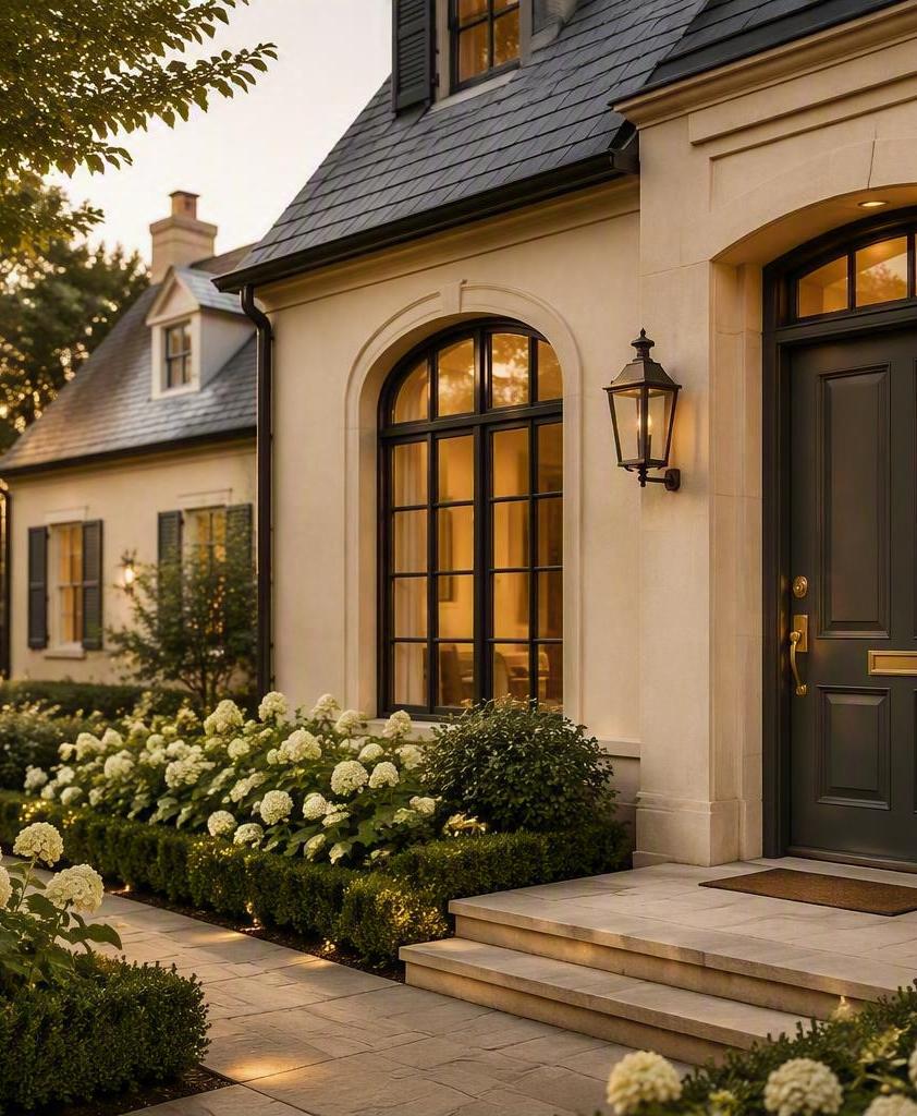 Maison élégante au crépuscule, façade en pierre et jardin paysager